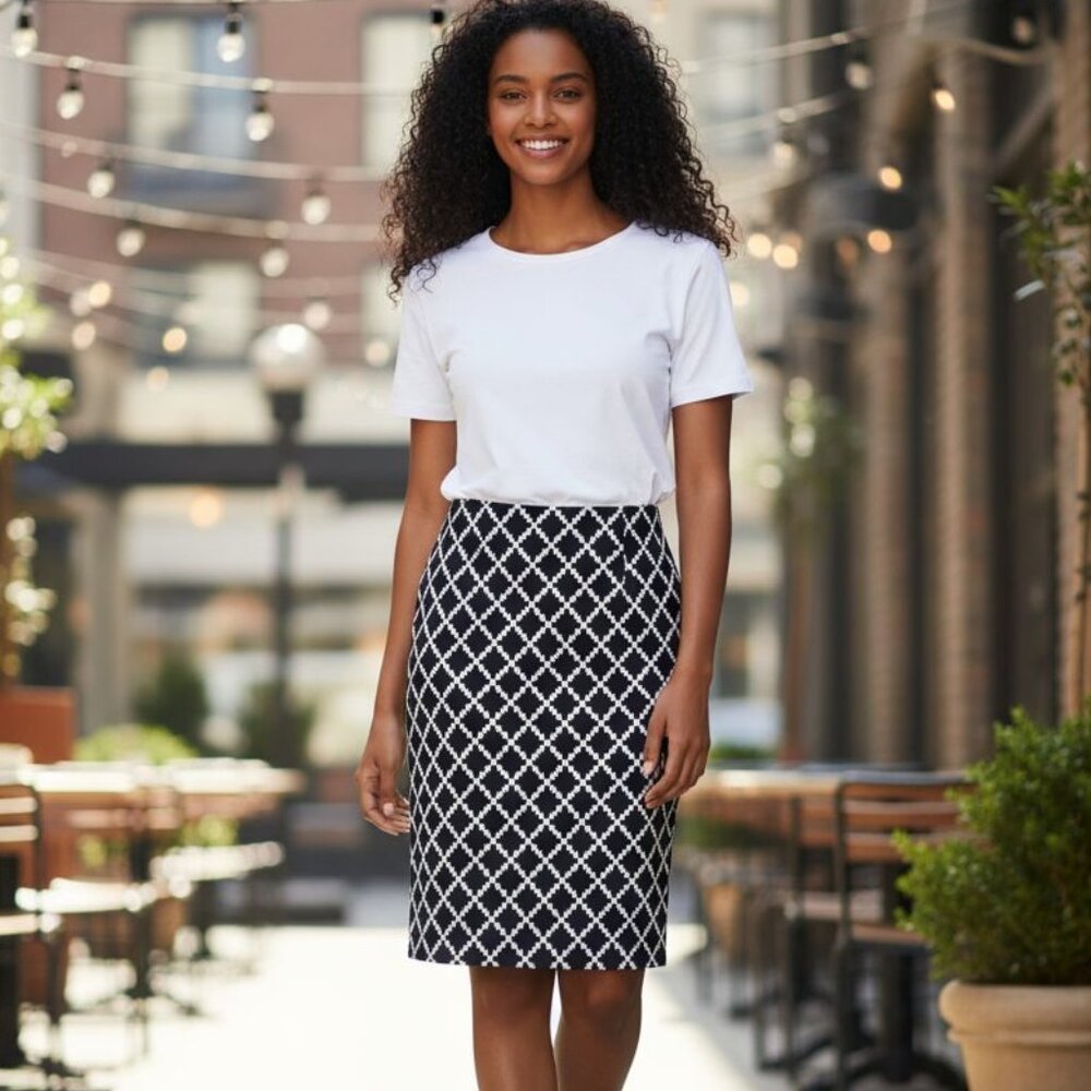 Ann Taylor Petite Navy & White Knee Length Jacquard Pencil Skirt